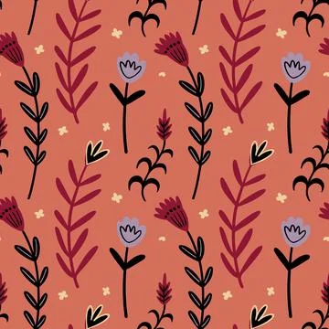 Illustration of a botanical seamless pattern. Flowers, leaves, branches. Folk Stock Illustration