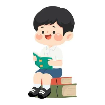 Illustration of Boy Reading Book on Stack Stock Illustration