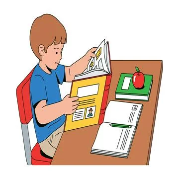 Illustration of a boy reading an open book at a school desk with books and Stock Illustration
