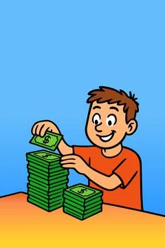 Illustration of a boy stacking money Stock Illustration