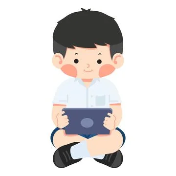 Illustration of a Boy Student Using a Tablet Stock Illustration