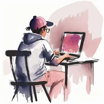 Illustration of a boy working on the computer Illustrazione stock