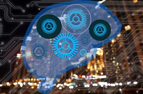 Illustration of brain with circuit board pattern and night cityscape on backg Stock Photos