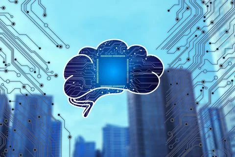 Illustration of brain with circuit board pattern and cityscape on background. Stock Photos