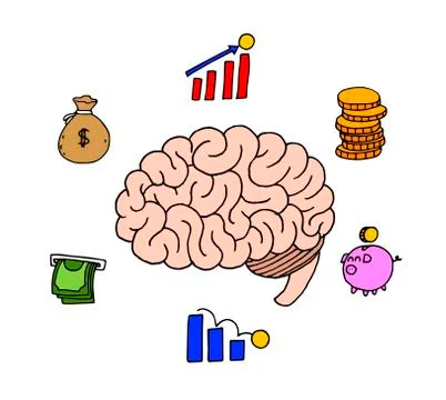 Illustration of a brain surrounded by different icons of economic concepts イラスト素材