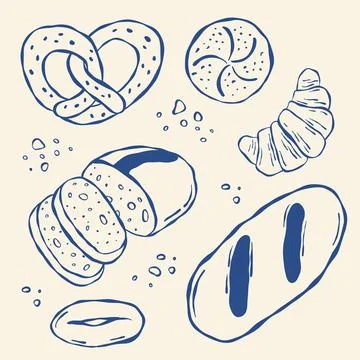 Illustration of breads and pastries in simple line art style Stock Illustration