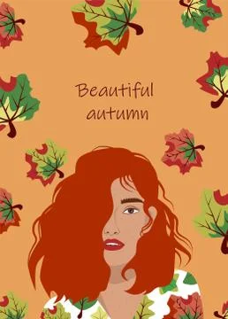 Illustration of a bright beautiful leaf fall and red-haired autumn girl	 Illustrazione stock