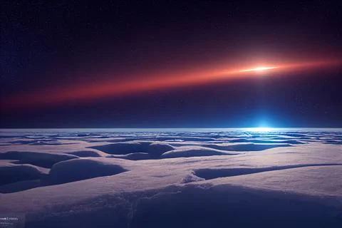 Illustration of bright red sun rays in the starry sky shining over glaciers Stock Illustration