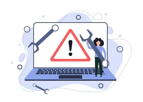 Illustration of a broken laptop. Error warning sign on the screen. Vector image Stock Illustration