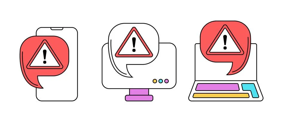 Illustration of a broken laptop. Error warning sign on the screen. Vector image Stock Illustration