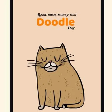 Illustration of brown cat and raise some money this doodle day text on pink Stock Illustration