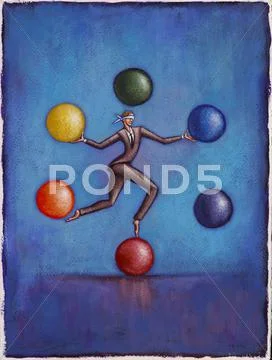 Illustration of Businessman Balancing and Juggling Balls, while Blindfolded Stock Illustration