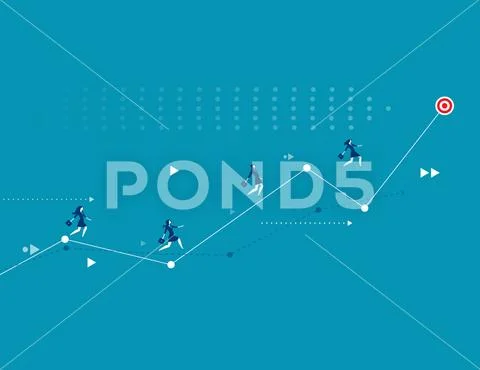 Illustration of businesswoman racing up arrow towards target Stock Illustration