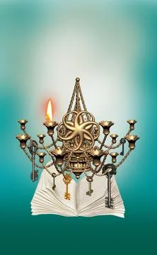 Illustration, candlestick, keys, book,3D graphics, digital graphics, creative,  Stock Illustration