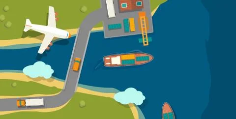 Illustration of a cargo port in flat vector style. Top view. Ship, harbor, se Stock Illustration