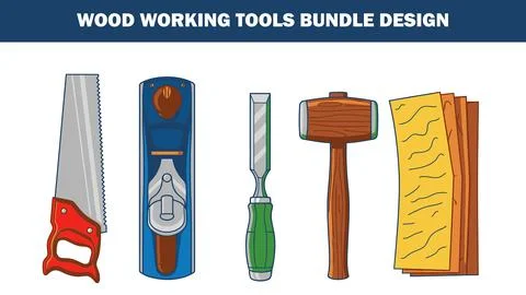 Illustration of carpentry instruments including saw plane chisel mallet bundle Stock Illustration