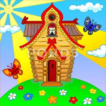 Illustration of a cartoon house on a green lawn. Stock Illustration