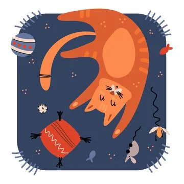 Illustration of a cat lying on a rug surrounded by toys. Simple cute style. U Stock Illustration