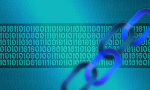 Illustration of a chain with running binary codes against a blue background Illustrazione stock