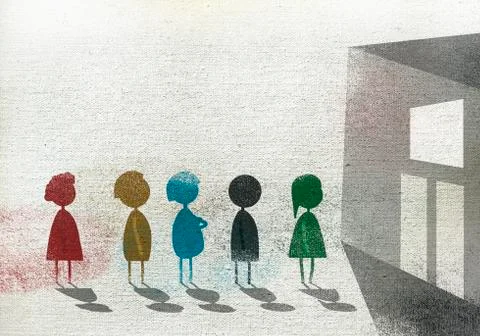 Illustration of children standing in queue by school building representing Illustrazione stock