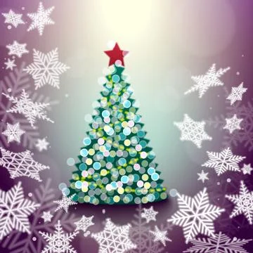 Illustration of Christmas tree abstract background with snowflakes and bokeh. Stock Illustration
