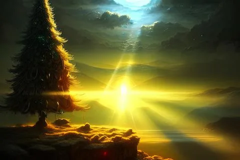 Illustration of a Christmas tree in the forest in the rays of the rising sun Illustrazione stock
