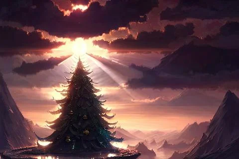 Illustration of a Christmas tree in the forest in the rays of the rising sun Иллюстрация