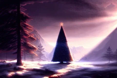 Illustration of a Christmas tree in the forest in the rays of the rising sun Illustrazione stock