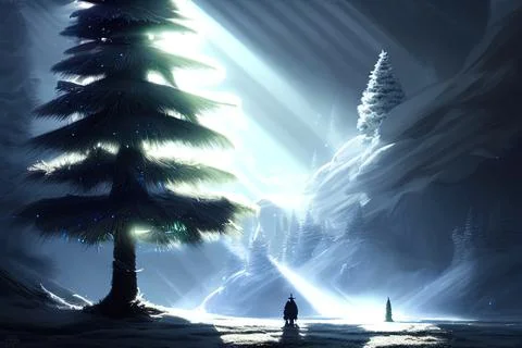 Illustration of a Christmas tree in the forest in the rays of the rising sun Иллюстрация