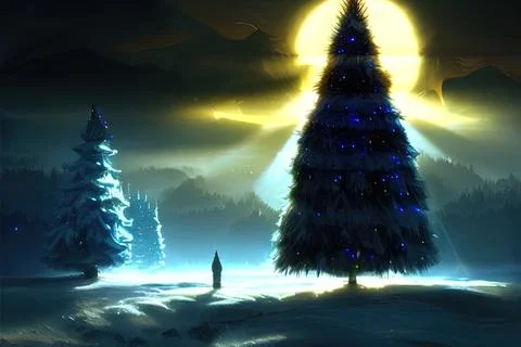 Illustration of a Christmas tree in the forest in the rays of the rising sun Illustrazione stock