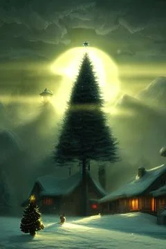 Illustration of a Christmas tree in the forest in the rays of the rising sun Illustrazione stock