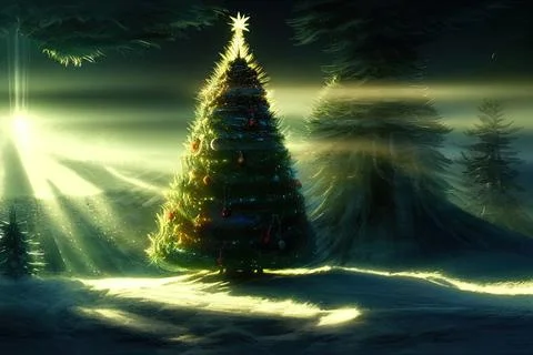 Illustration of a Christmas tree in the forest in the rays of the rising sun Illustrazione stock