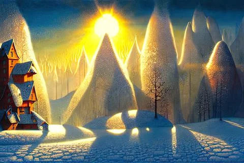 Illustration of a Christmas tree in the forest in the rays of the rising sun Stock Illustration