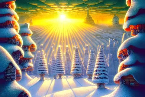 Illustration of a Christmas tree in the forest in the rays of the rising sun Иллюстрация