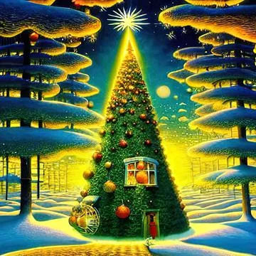 Illustration of a Christmas tree in the forest in the rays of the rising sun Illustrazione stock