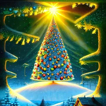 Illustration of a Christmas tree in the forest in the rays of the rising sun Stock Illustration