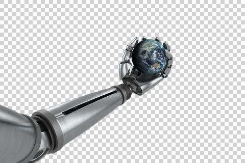 Illustration of chrome robot hand with globe Stock Illustration