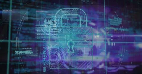 Illustration of circuit board patterned padlock over infographic interface in Stock Illustration