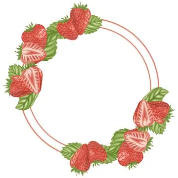 Illustration of a circular frame made from fresh strawberries and green lea.. Illustrazione stock