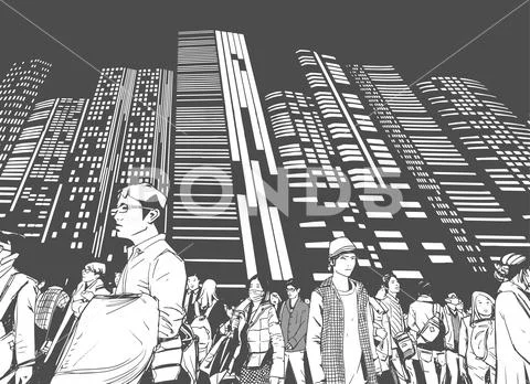 Illustration of city crowd with tall buildings Stock Illustration