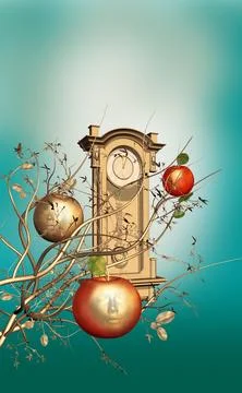 Illustration, clock, apples, branches, 3D graphics, digital graphics, creative,  Stock Illustration