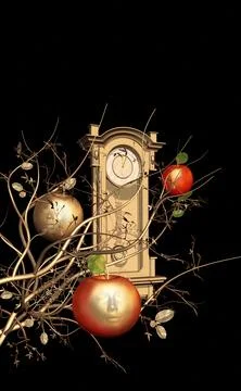 Illustration, Clock, apples, branches, 3D graphics, digital graphics, creative,  스톡 일러스트