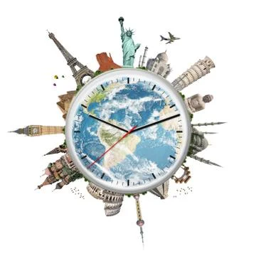 Illustration of a clock with famous monuments Illustrazione stock
