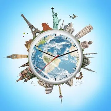 Illustration of a clock with famous monuments Stock Illustration
