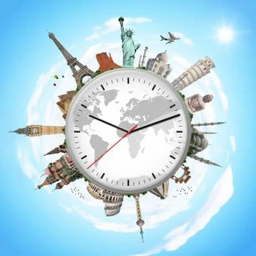 Illustration of a clock with famous monuments Illustrazione stock