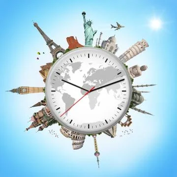 Illustration of a clock with famous monuments Stock Illustration