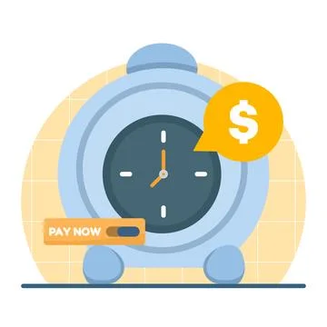 Illustration of a clock indicating payment time with a pay button Stock Illustration