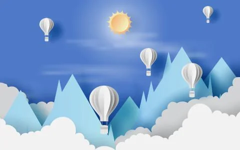 Illustration of cloudscape mountain view  with hot air white balloons float u Ilustração Stock