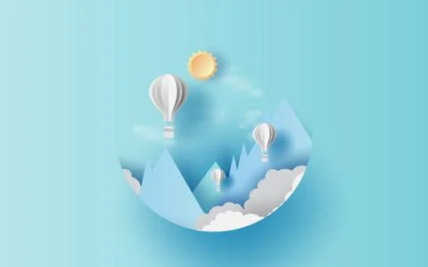 Illustration of cloudscape mountain view  with hot air white balloons float Illustrazione stock