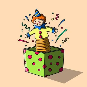 Illustration of clown pop up from the box Illustrazione stock